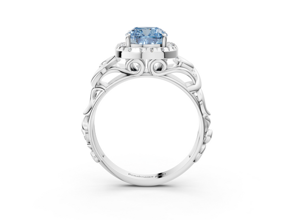 White gold Fancy Blue Cushion  Cut Halo Diamond Ring with Scrollwork Band and Four-Prong Setting