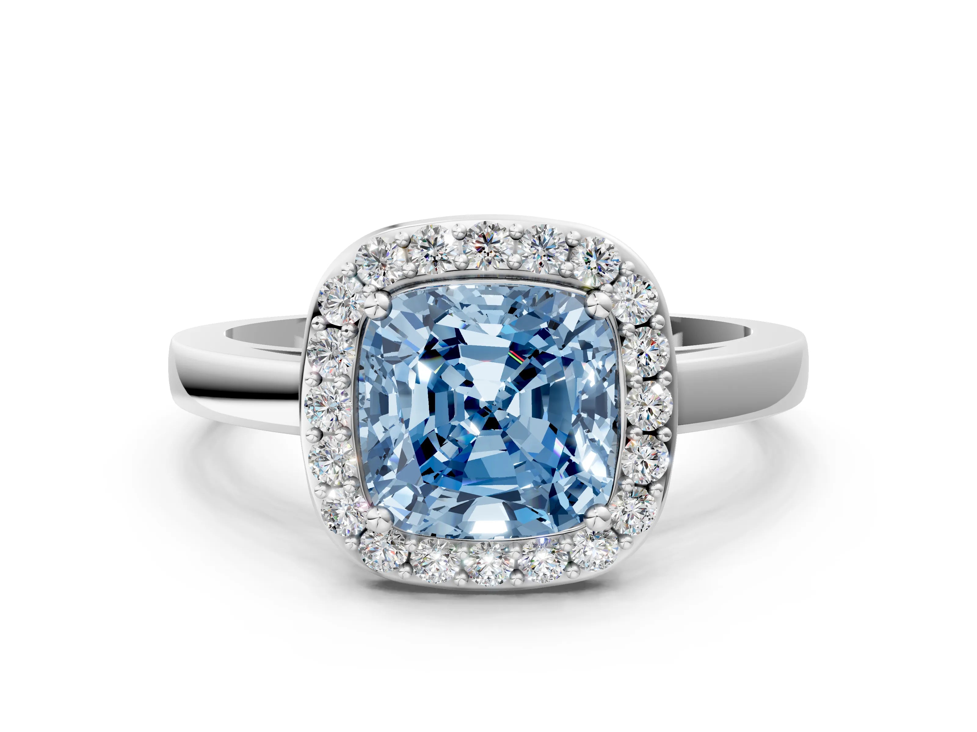 White gold Fancy Blue Cushion Cut Halo Diamond Ring with Solitaire Band and Prong Setting