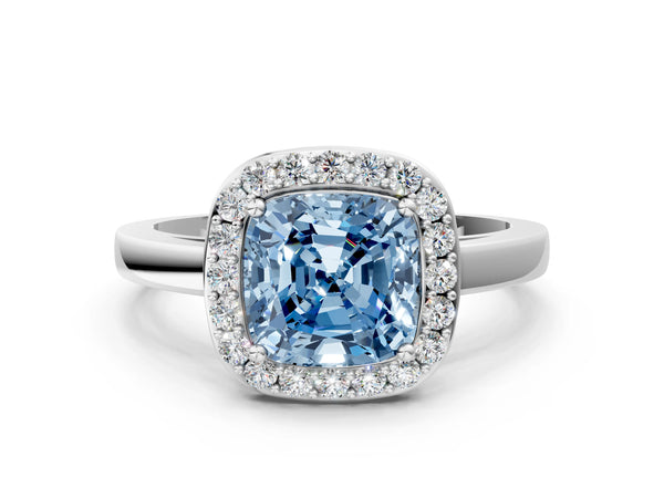Platinum Fancy Blue Cushion Cut Halo Diamond Ring with Solitaire Band and Prong Setting