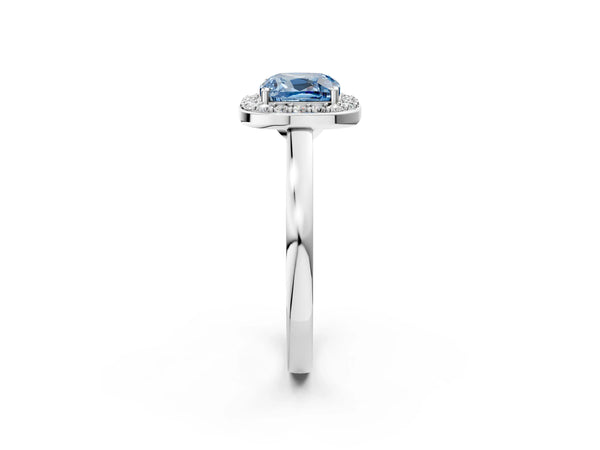 Platinum Fancy Blue Cushion Cut Halo Diamond Ring with Solitaire Band and Prong Setting