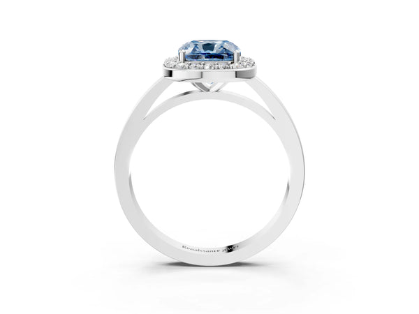 Platinum Fancy Blue Cushion Cut Halo Diamond Ring with Solitaire Band and Prong Setting