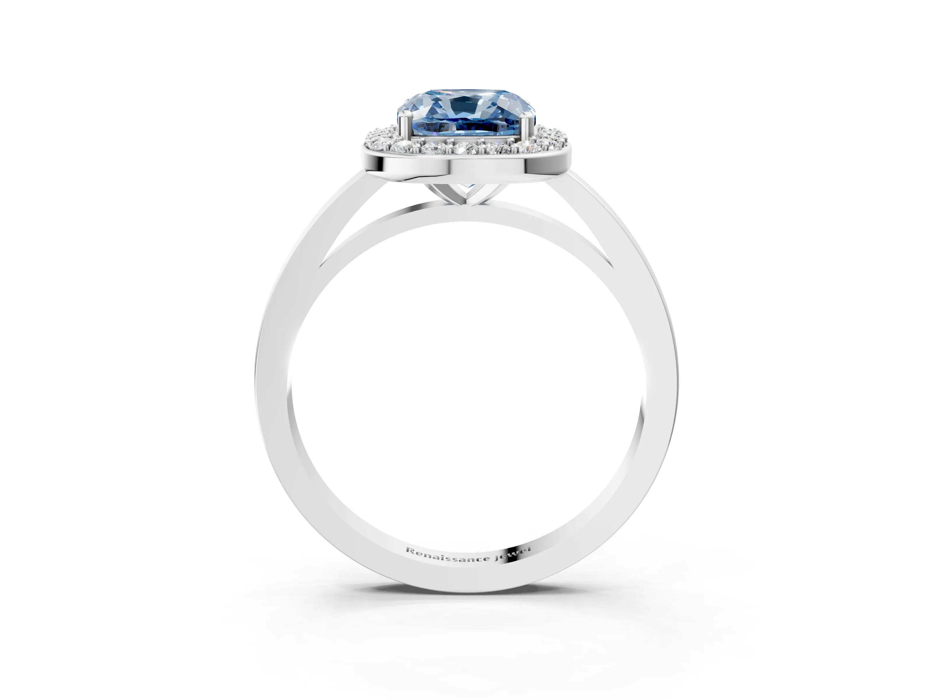 White gold Fancy Blue Cushion Cut Halo Diamond Ring with Solitaire Band and Prong Setting_3