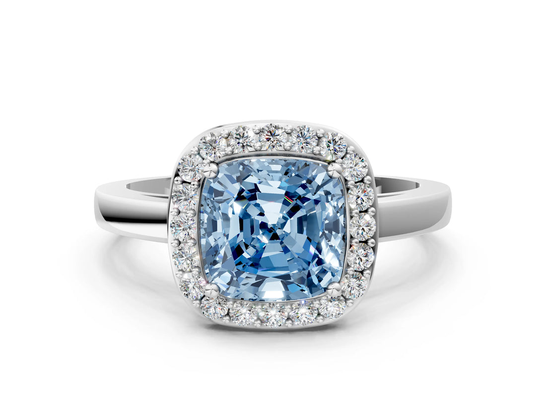 White gold Fancy Blue Cushion Cut Halo Diamond Ring with Solitaire Band and Prong Setting