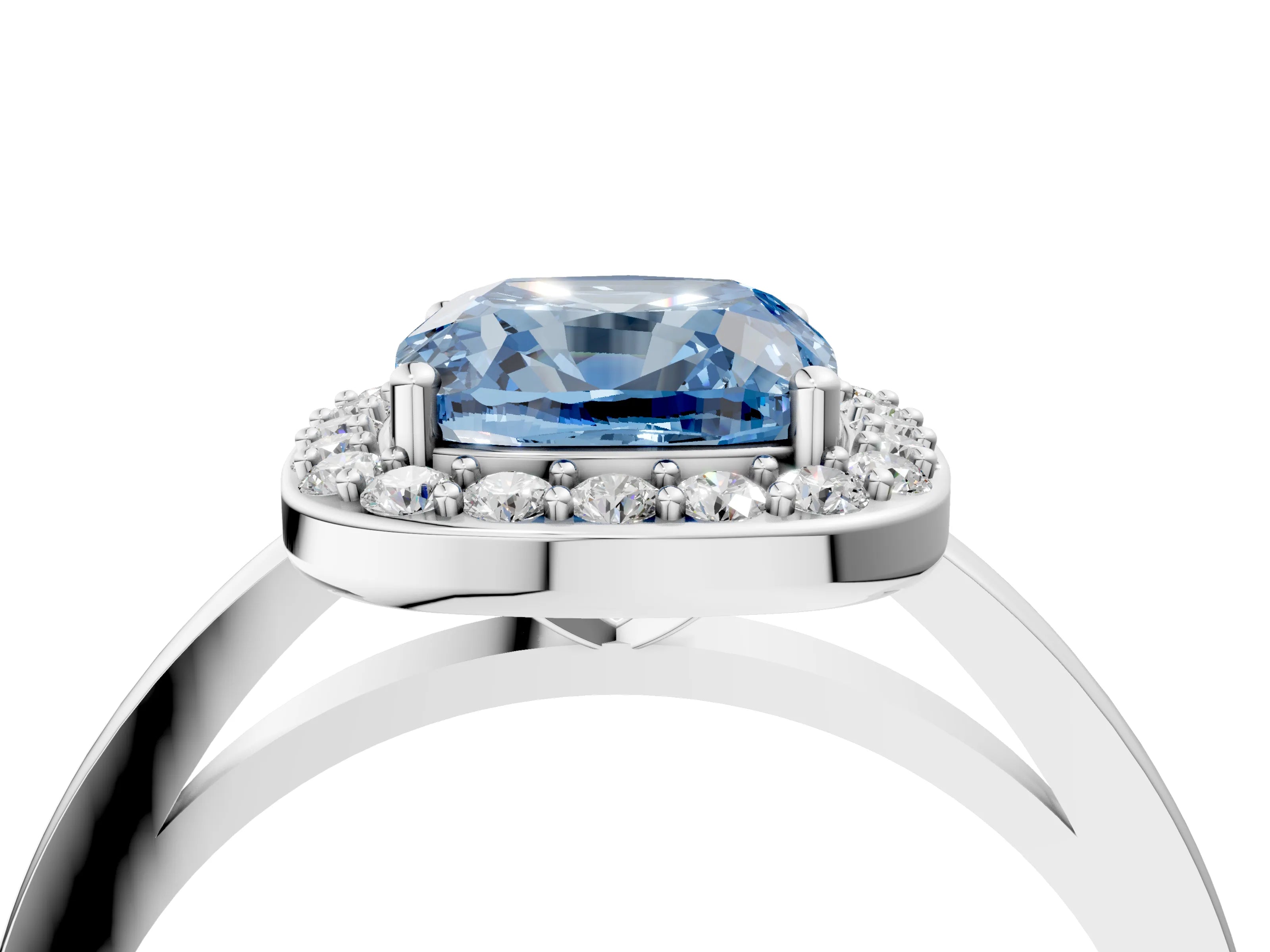 White gold Fancy Blue Cushion Cut Halo Diamond Ring with Solitaire Band and Prong Setting_4