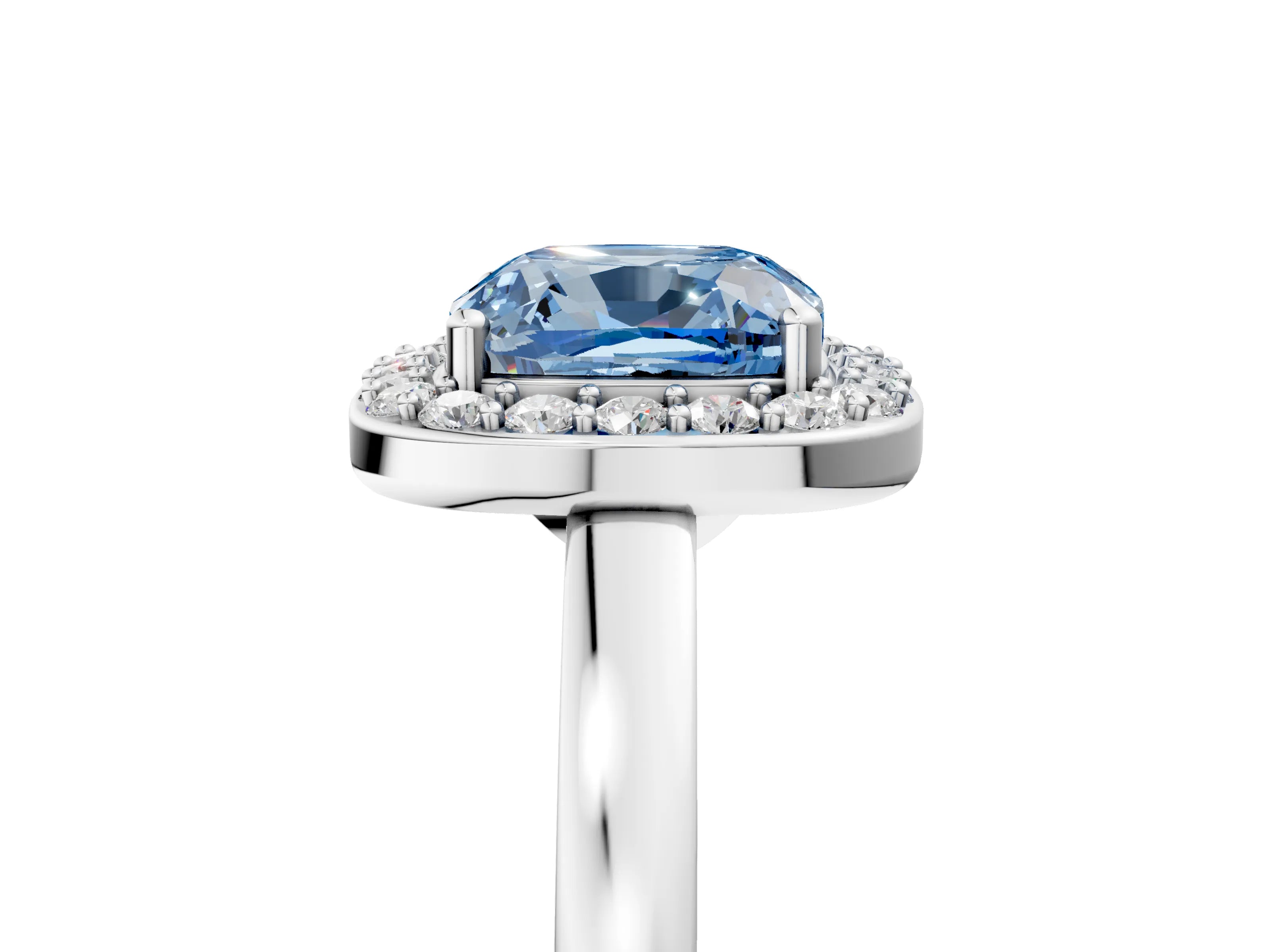 White gold Fancy Blue Cushion Cut Halo Diamond Ring with Solitaire Band and Prong Setting_5