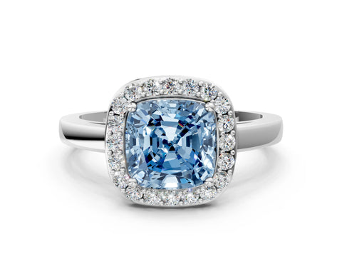 White gold Fancy Blue Cushion Cut Halo Diamond Ring with Solitaire Band and Prong Setting