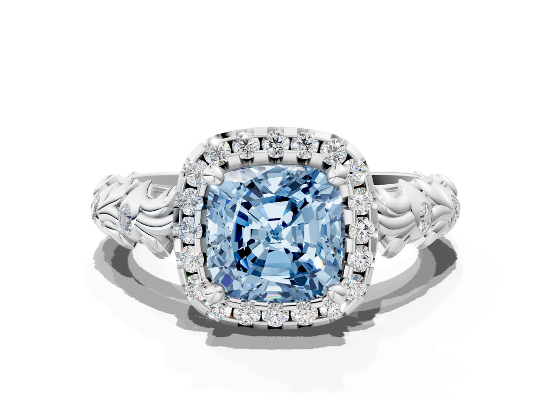White gold Fancy Blue Cushion Cut Halo Diamond Solitaire with Filigree Band and Four-Prong Setting