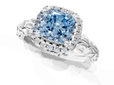White gold Fancy Blue Cushion Cut Halo Diamond Solitaire with Filigree Band and Four-Prong Setting_1