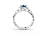 White gold Fancy Blue Cushion Cut Halo Diamond Solitaire with Filigree Band and Four-Prong Setting_3