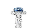White gold Fancy Blue Cushion Cut Halo Diamond Solitaire with Filigree Band and Four-Prong Setting_5