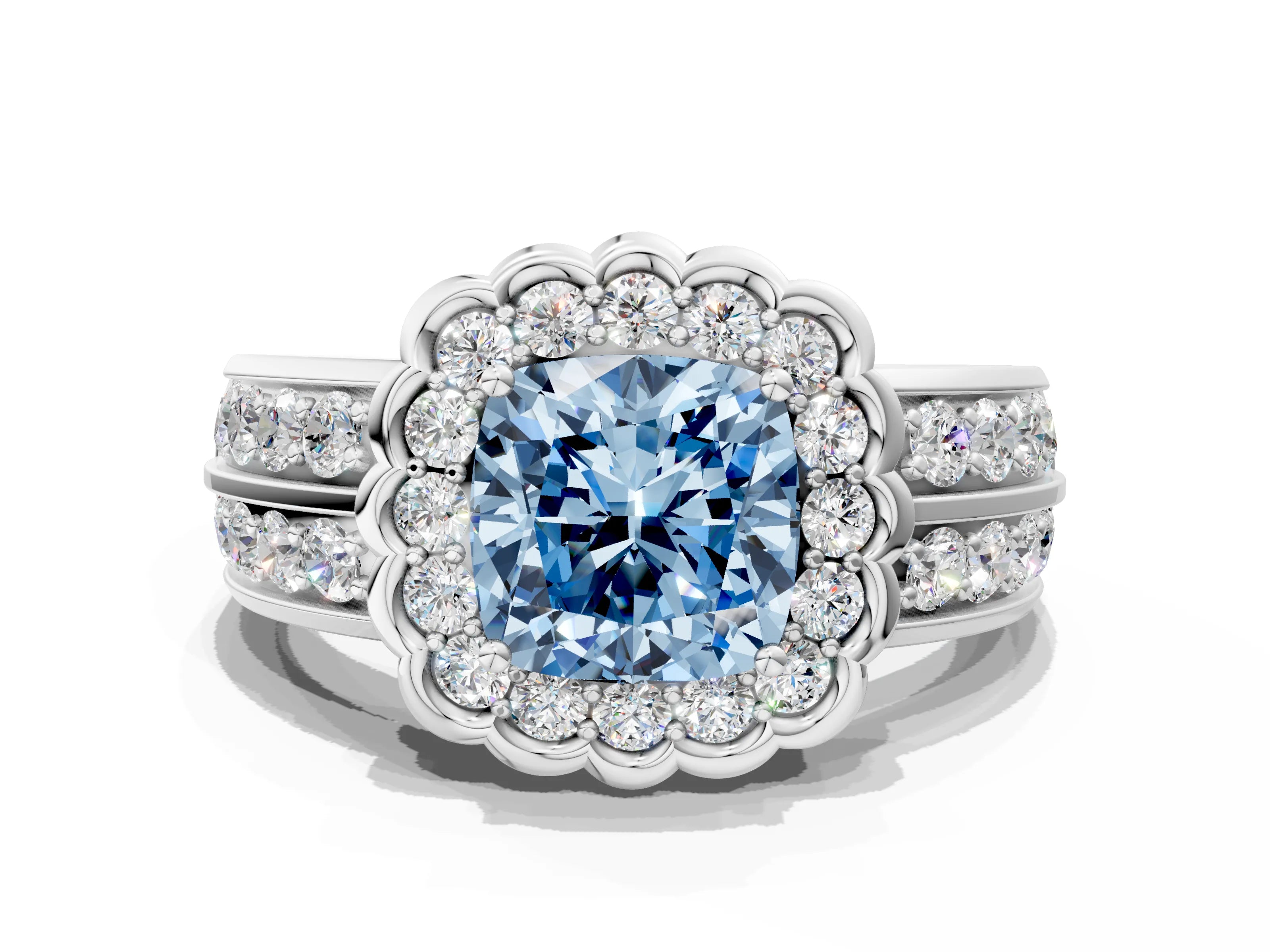 White gold Fancy Blue Cushion Cut Halo Diamond Split Shank Ring with Scalloped Prong Setting_12