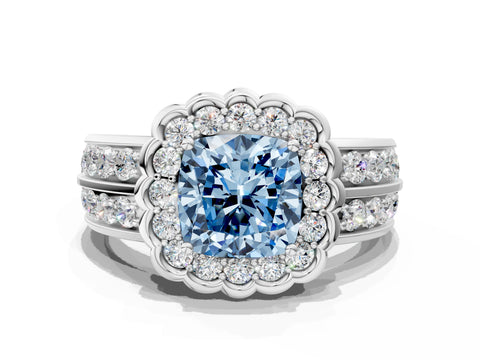 White gold Fancy Blue Cushion Cut Halo Diamond Split Shank Ring with Scalloped Prong Setting_12