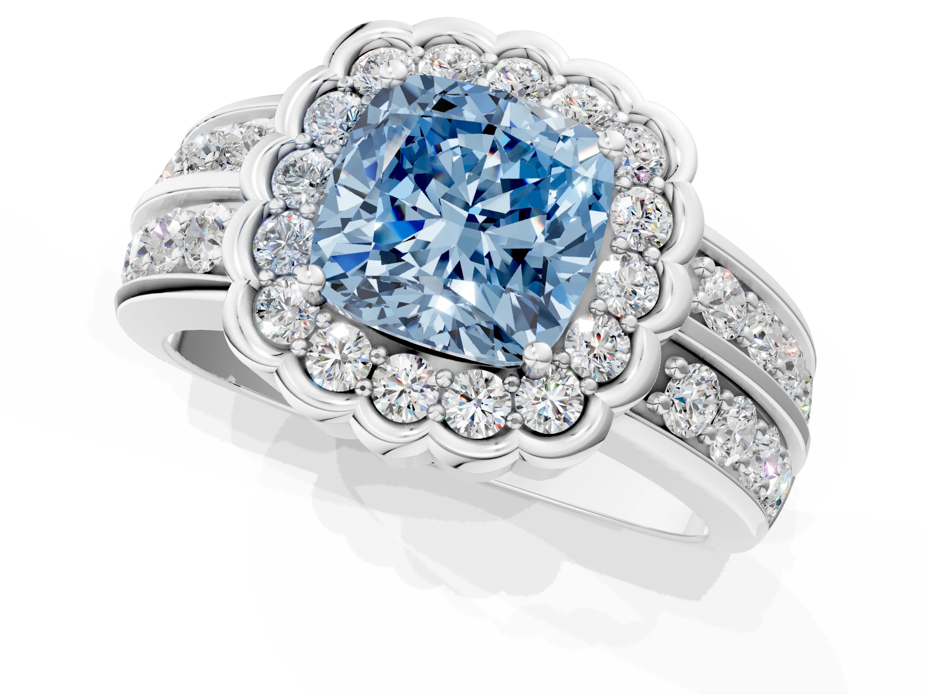 White gold Fancy Blue Cushion Cut Halo Diamond Split Shank Ring with Scalloped Prong Setting_13