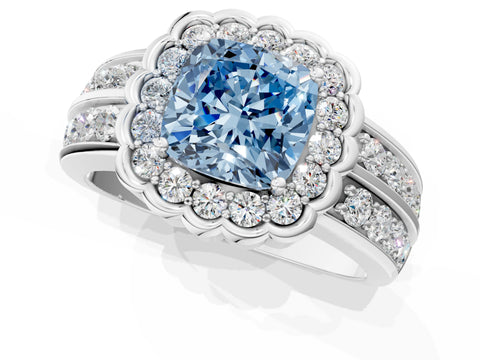 White gold Fancy Blue Cushion Cut Halo Diamond Split Shank Ring with Scalloped Prong Setting_13