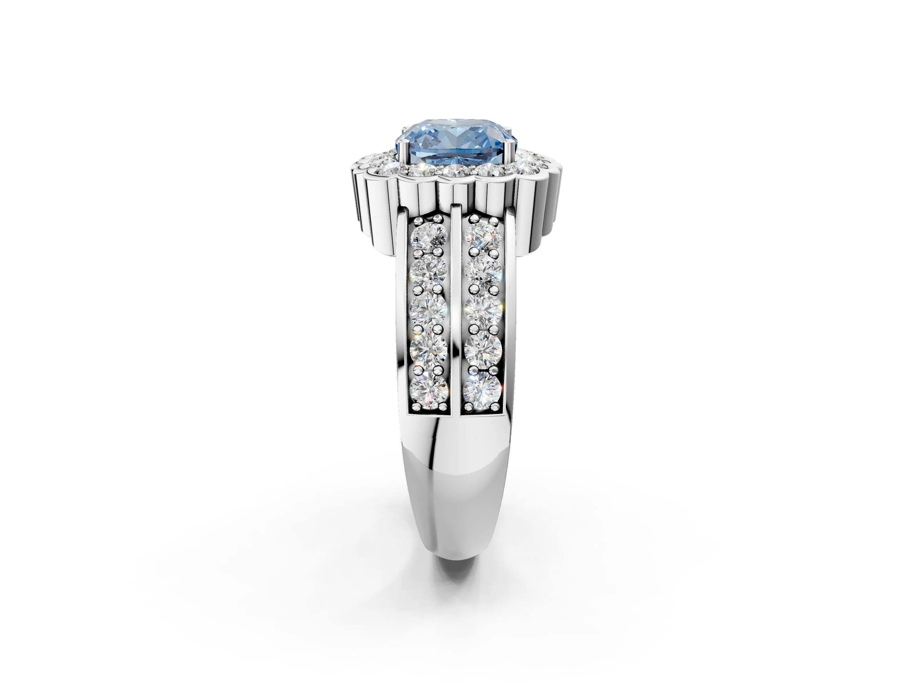 White gold Fancy Blue Cushion Cut Halo Diamond Split Shank Ring with Scalloped Prong Setting_14