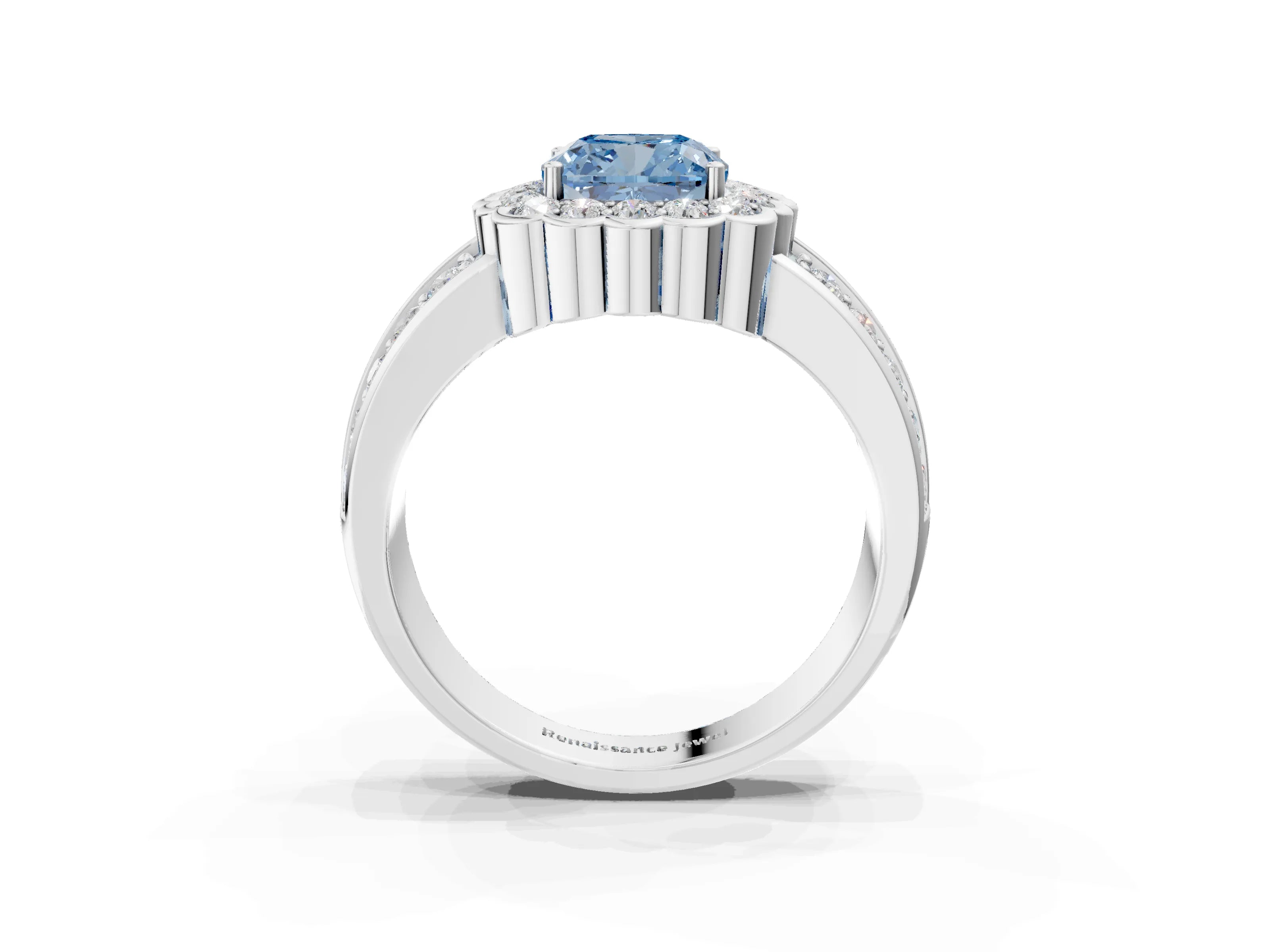 White gold Fancy Blue Cushion Cut Halo Diamond Split Shank Ring with Scalloped Prong Setting_15