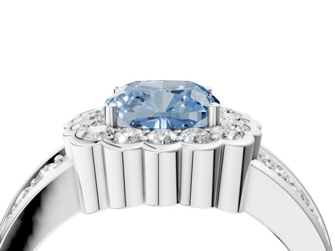 White gold Fancy Blue Cushion Cut Halo Diamond Split Shank Ring with Scalloped Prong Setting_16