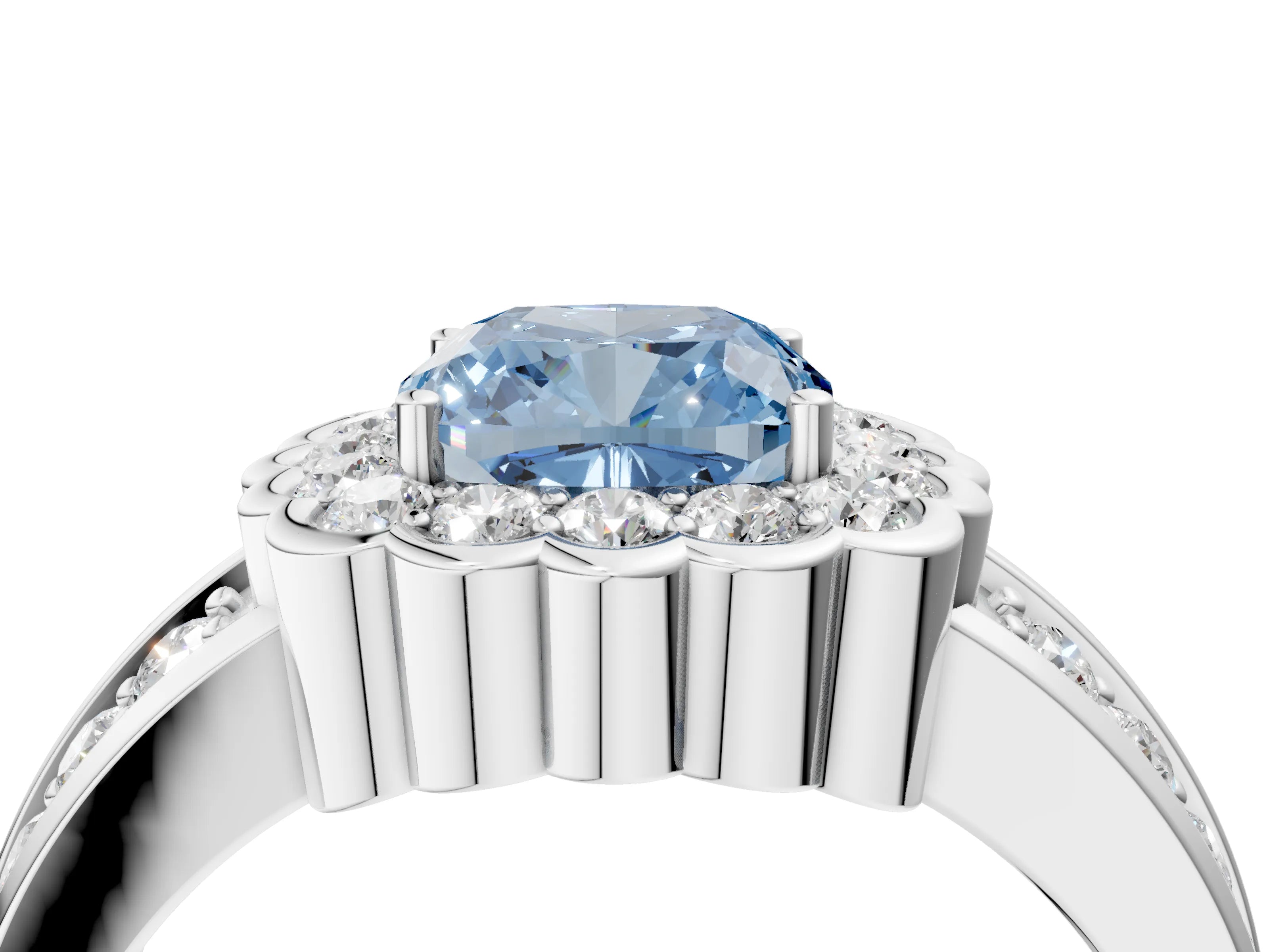 White gold Fancy Blue Cushion Cut Halo Diamond Split Shank Ring with Scalloped Prong Setting_16