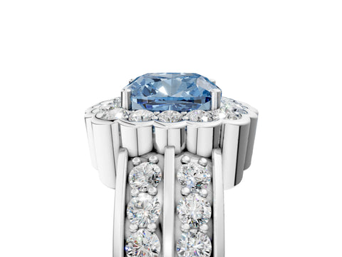 White gold Fancy Blue Cushion Cut Halo Diamond Split Shank Ring with Scalloped Prong Setting_17