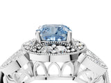 White gold Fancy Blue Cushion Cut Halo Milgrain Diamond Engagement Ring with Leaf Band and Four-Prong Setting_4