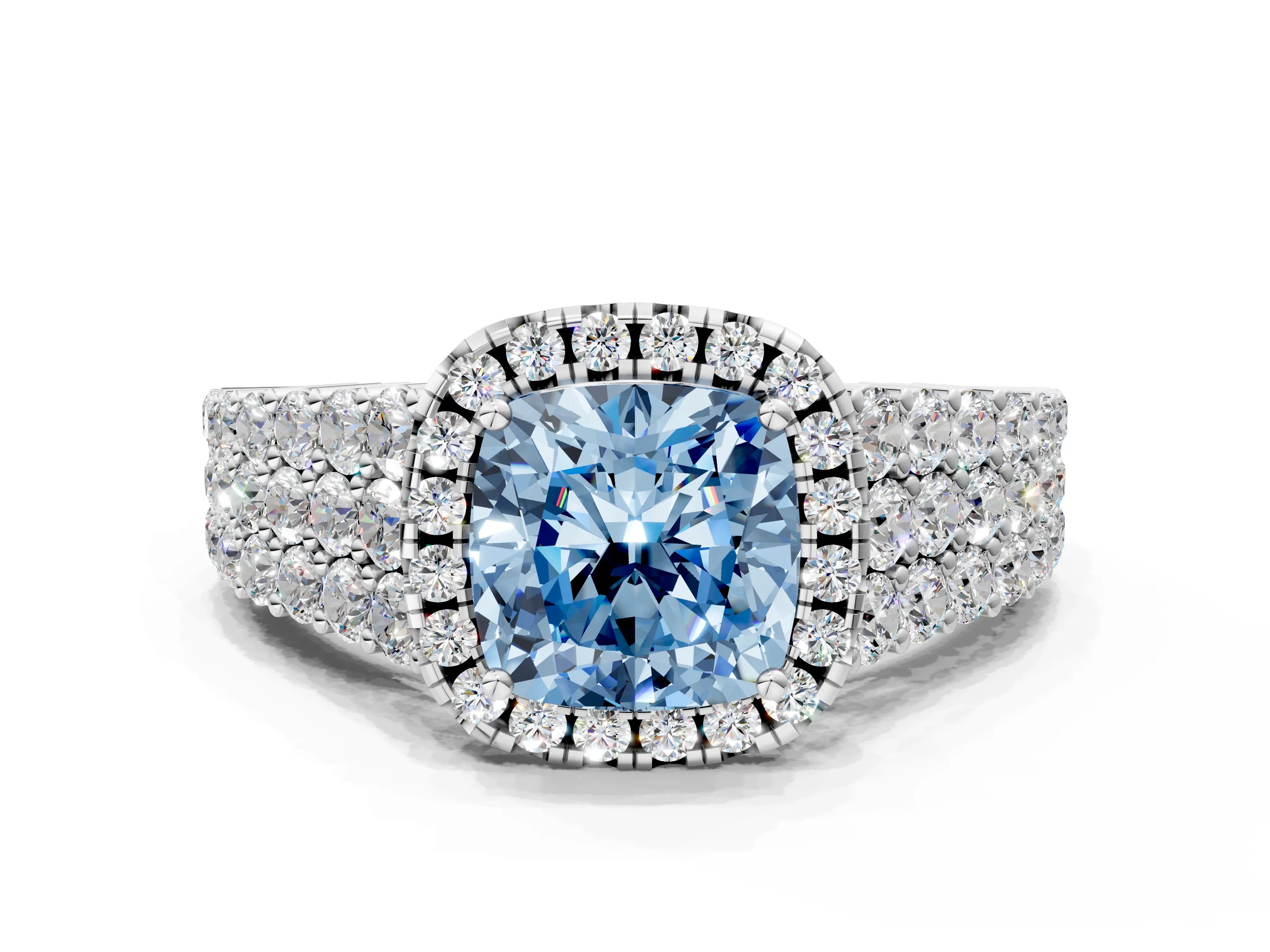 White gold Fancy Blue Cushion Cut Halo Pavé Diamond Engagement Ring with Split Shank and Four-Prong Setting_3