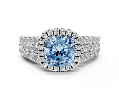 White gold Fancy Blue Cushion Cut Halo Pavé Diamond Engagement Ring with Split Shank and Four-Prong Setting_3