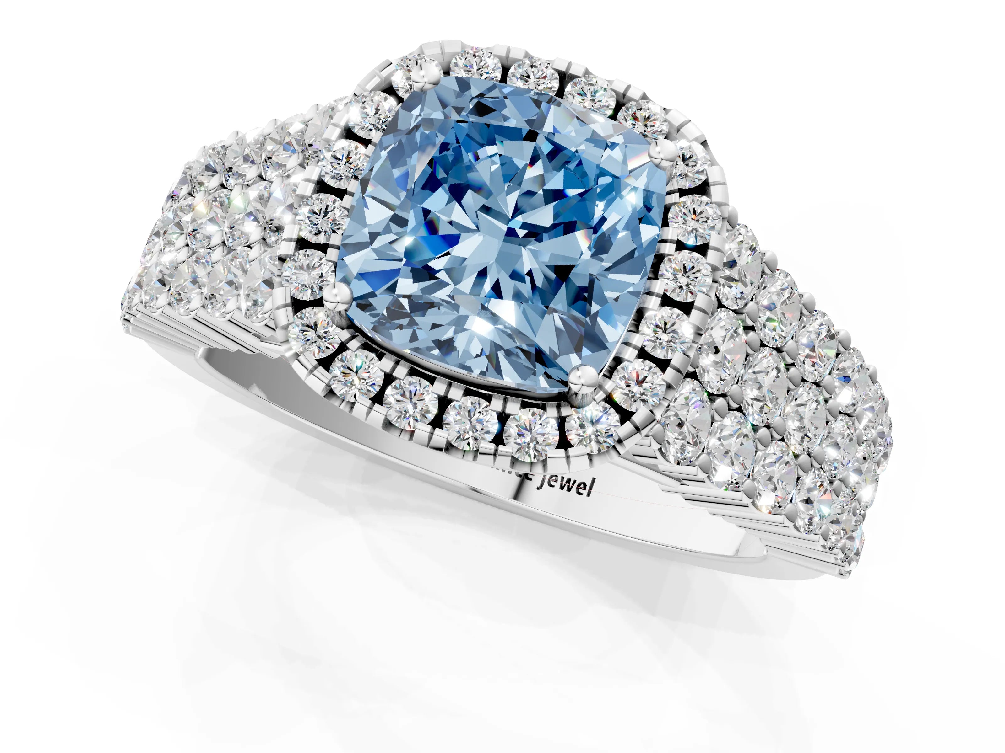 White gold Fancy Blue Cushion Cut Halo Pavé Diamond Engagement Ring with Split Shank and Four-Prong Setting_4