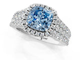 White gold Fancy Blue Cushion Cut Halo Pavé Diamond Engagement Ring with Split Shank and Four-Prong Setting_4