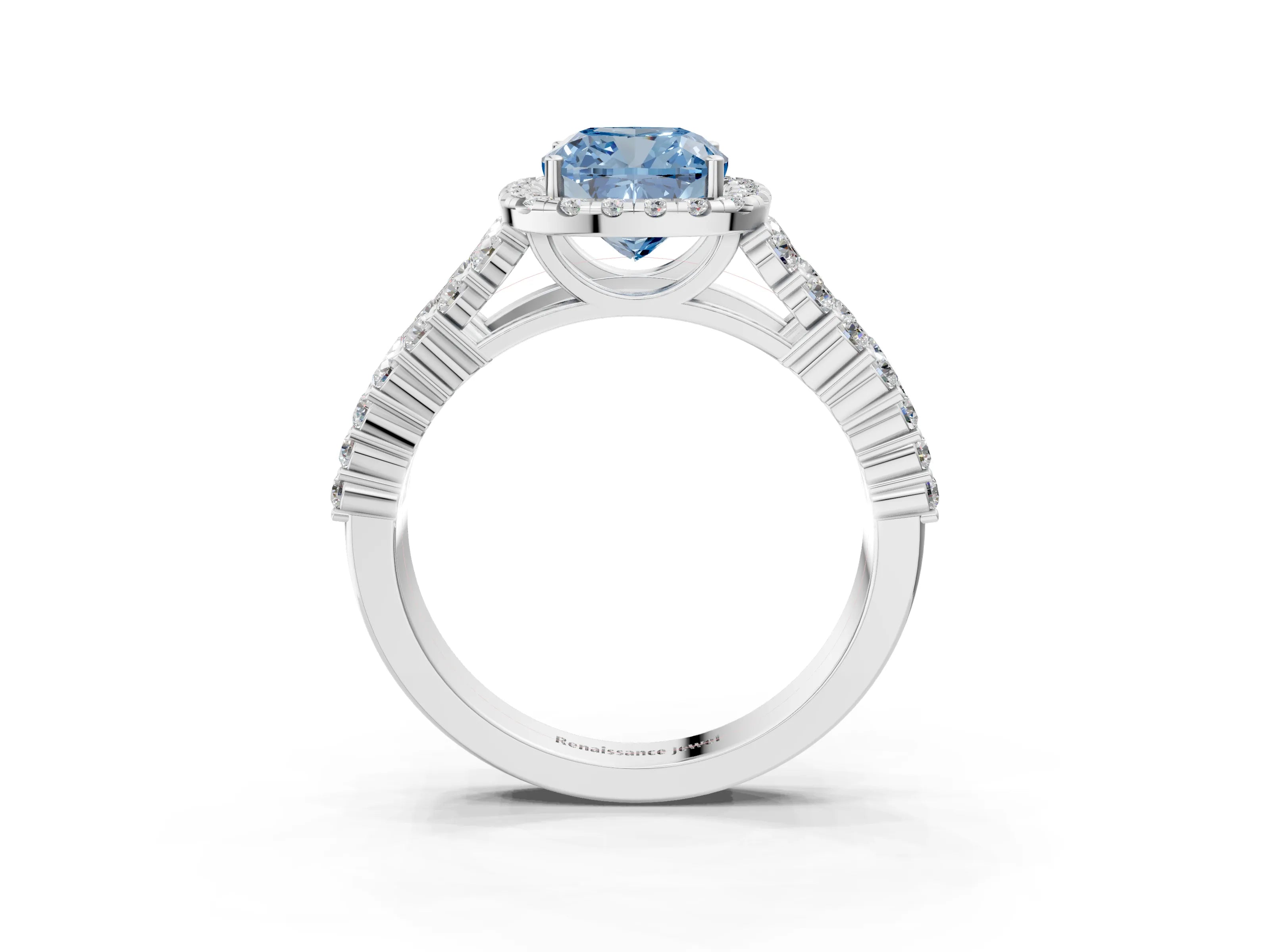 White gold Fancy Blue Cushion Cut Halo Pavé Diamond Engagement Ring with Split Shank and Four-Prong Setting_6