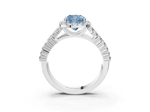 White gold Fancy Blue Cushion Cut Halo Pavé Diamond Engagement Ring with Split Shank and Four-Prong Setting_6