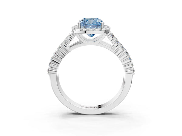 White gold Fancy Blue Cushion Cut Halo Pavé Diamond Engagement Ring with Split Shank and Four-Prong Setting