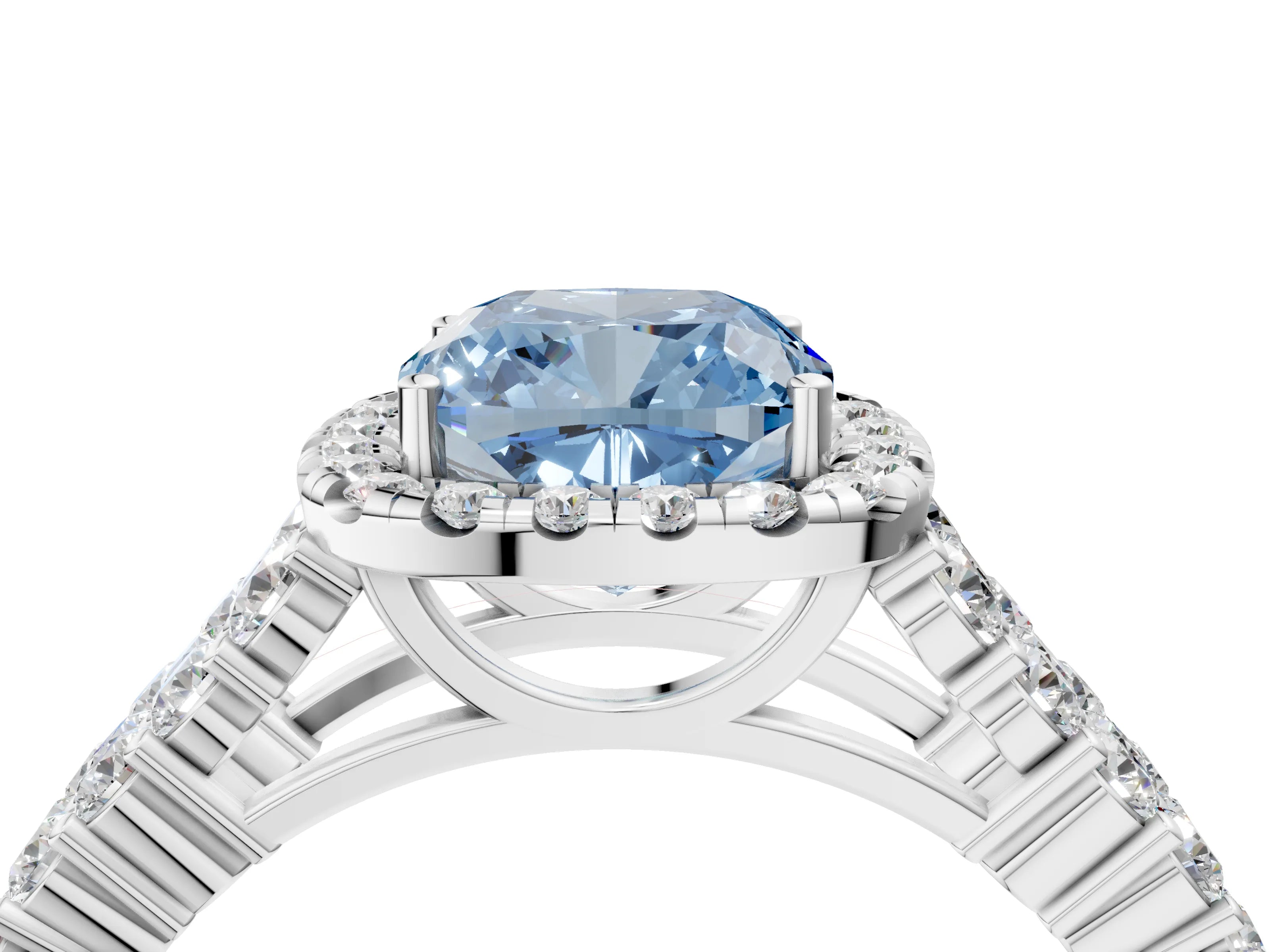 White gold Fancy Blue Cushion Cut Halo Pavé Diamond Engagement Ring with Split Shank and Four-Prong Setting_7