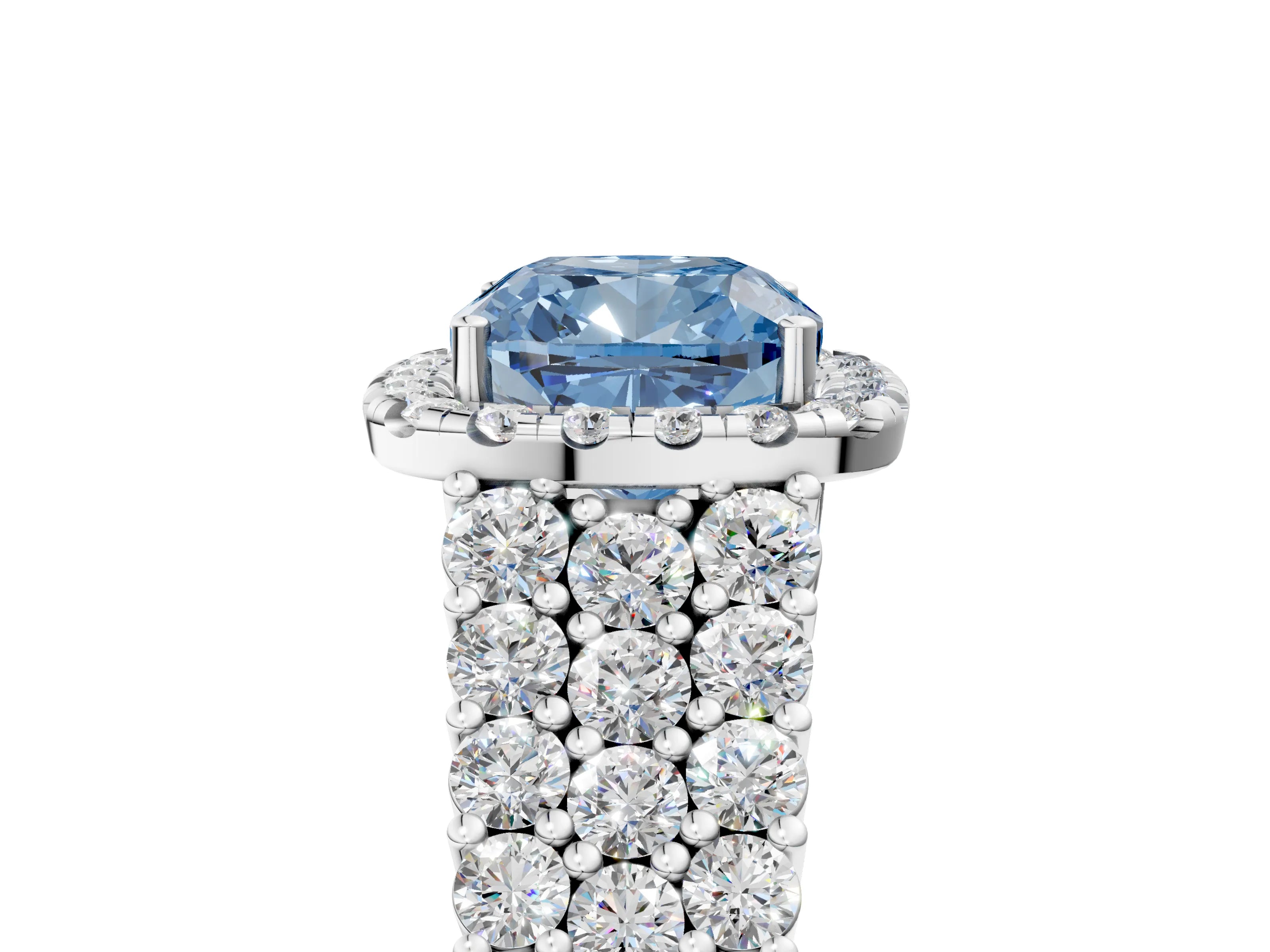 White gold Fancy Blue Cushion Cut Halo Pavé Diamond Engagement Ring with Split Shank and Four-Prong Setting_8