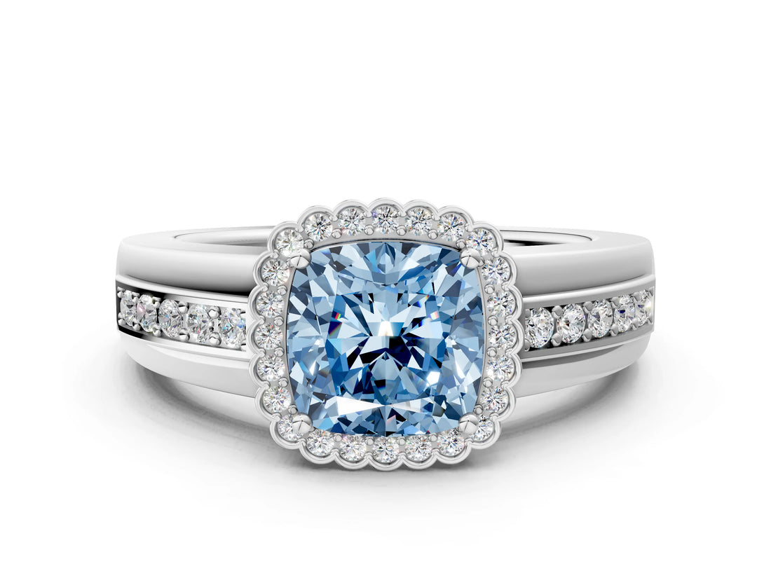 White gold Fancy Blue Cushion  Cut Halo Pave Band Four-Prong Ring_49