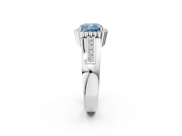 White gold Fancy Blue Cushion  Cut Halo Pave Band Four-Prong Ring