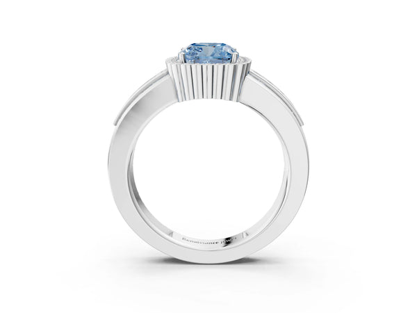 White gold Fancy Blue Cushion  Cut Halo Pave Band Four-Prong Ring