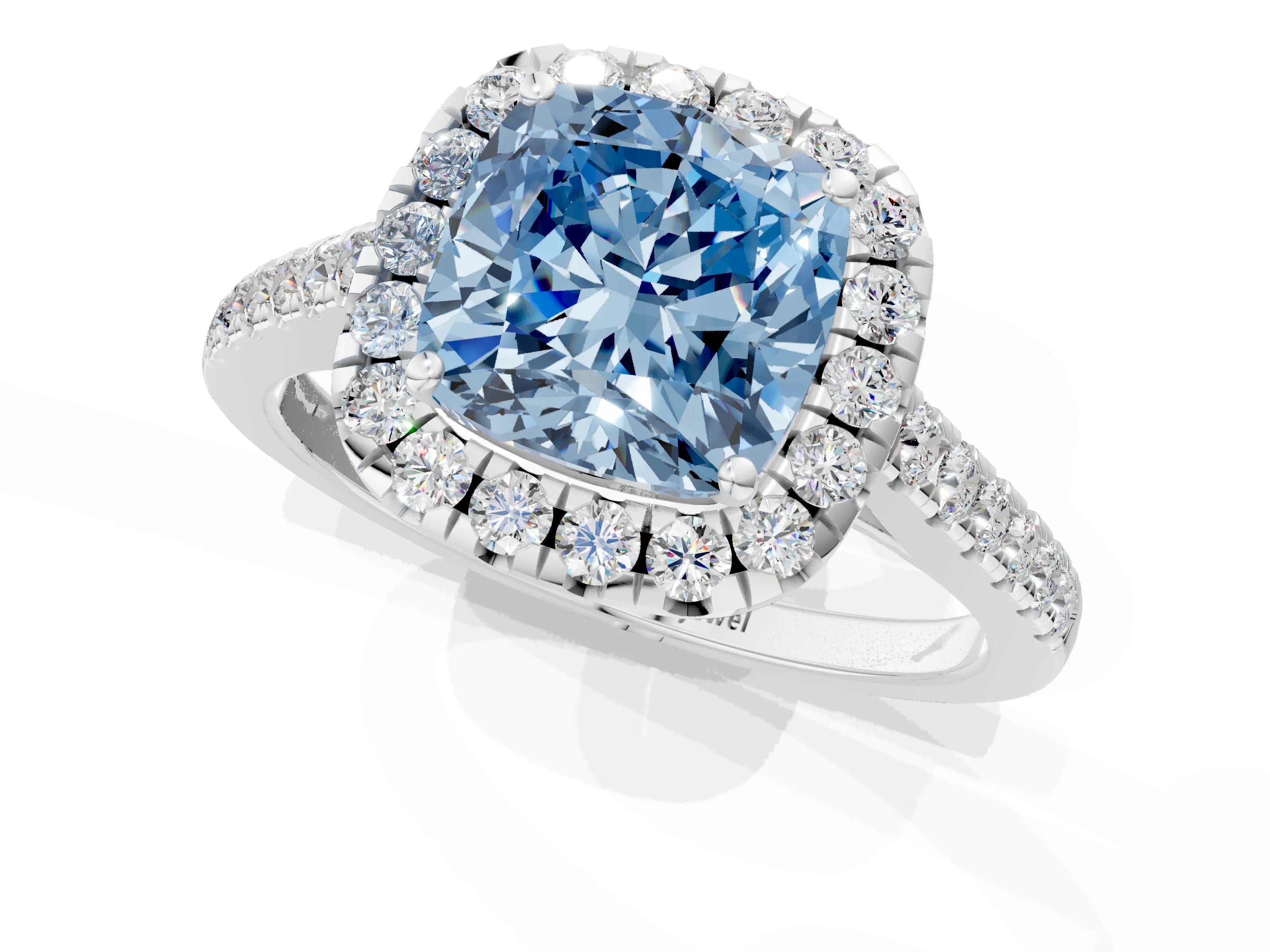 White gold Fancy Blue Cushion Cut Halo Pave Diamond Engagement Ring with Four-Prong Setting_1