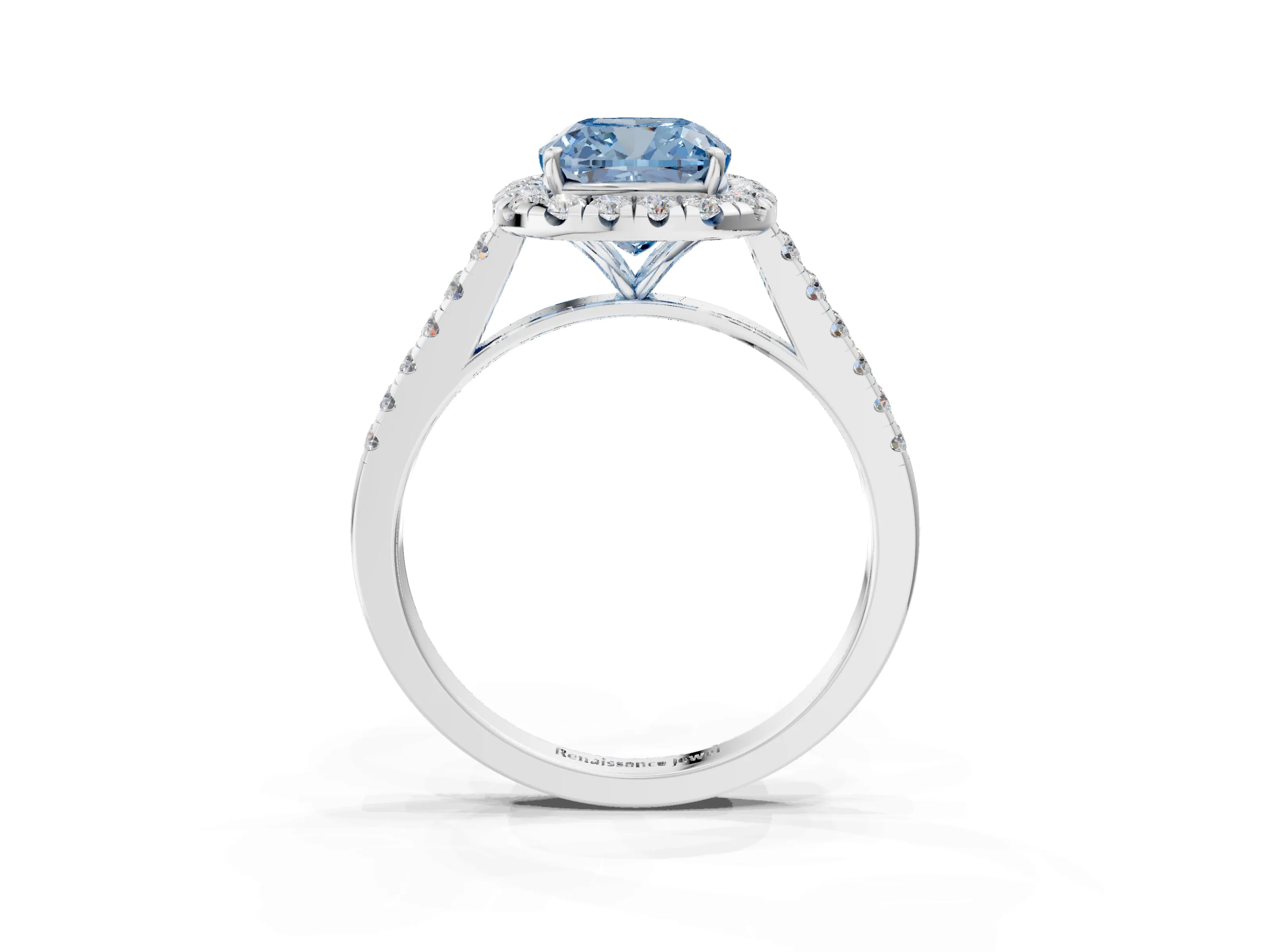White gold Fancy Blue Cushion Cut Halo Pave Diamond Engagement Ring with Four-Prong Setting_3