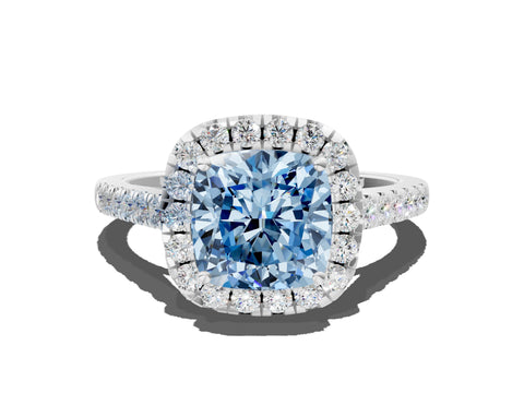 White gold Fancy Blue Cushion Cut Halo Pave Diamond Engagement Ring with Four-Prong Setting