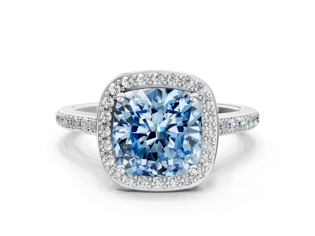 White gold Fancy Blue Cushion Cut Halo Round Diamond Pavé Band with Four-Prong Setting_26
