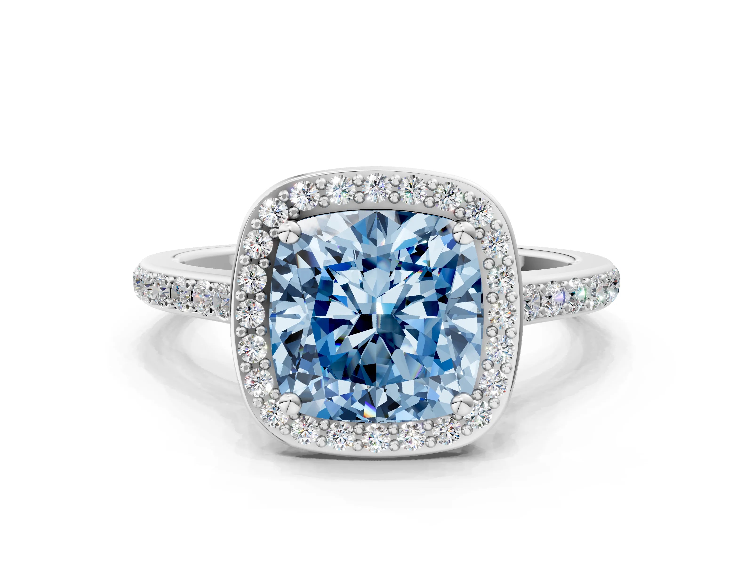 White gold Fancy Blue Cushion Cut Halo Round Diamond Pavé Band with Four-Prong Setting_27