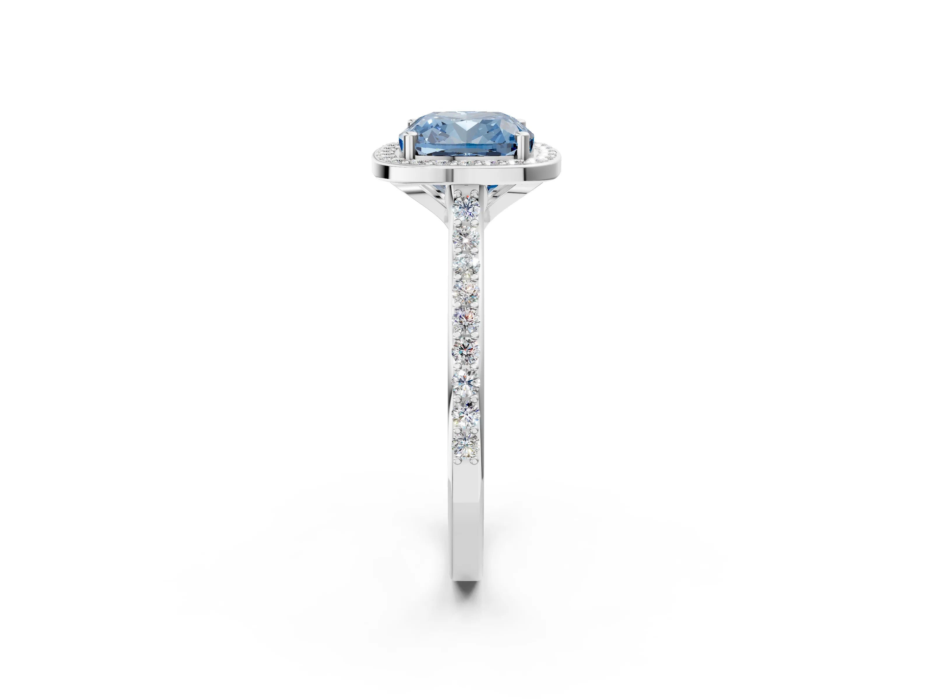 White gold Fancy Blue Cushion Cut Halo Round Diamond Pavé Band with Four-Prong Setting_28
