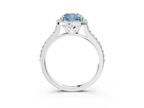 White gold Fancy Blue Cushion Cut Halo Round Diamond Pavé Band with Four-Prong Setting_30