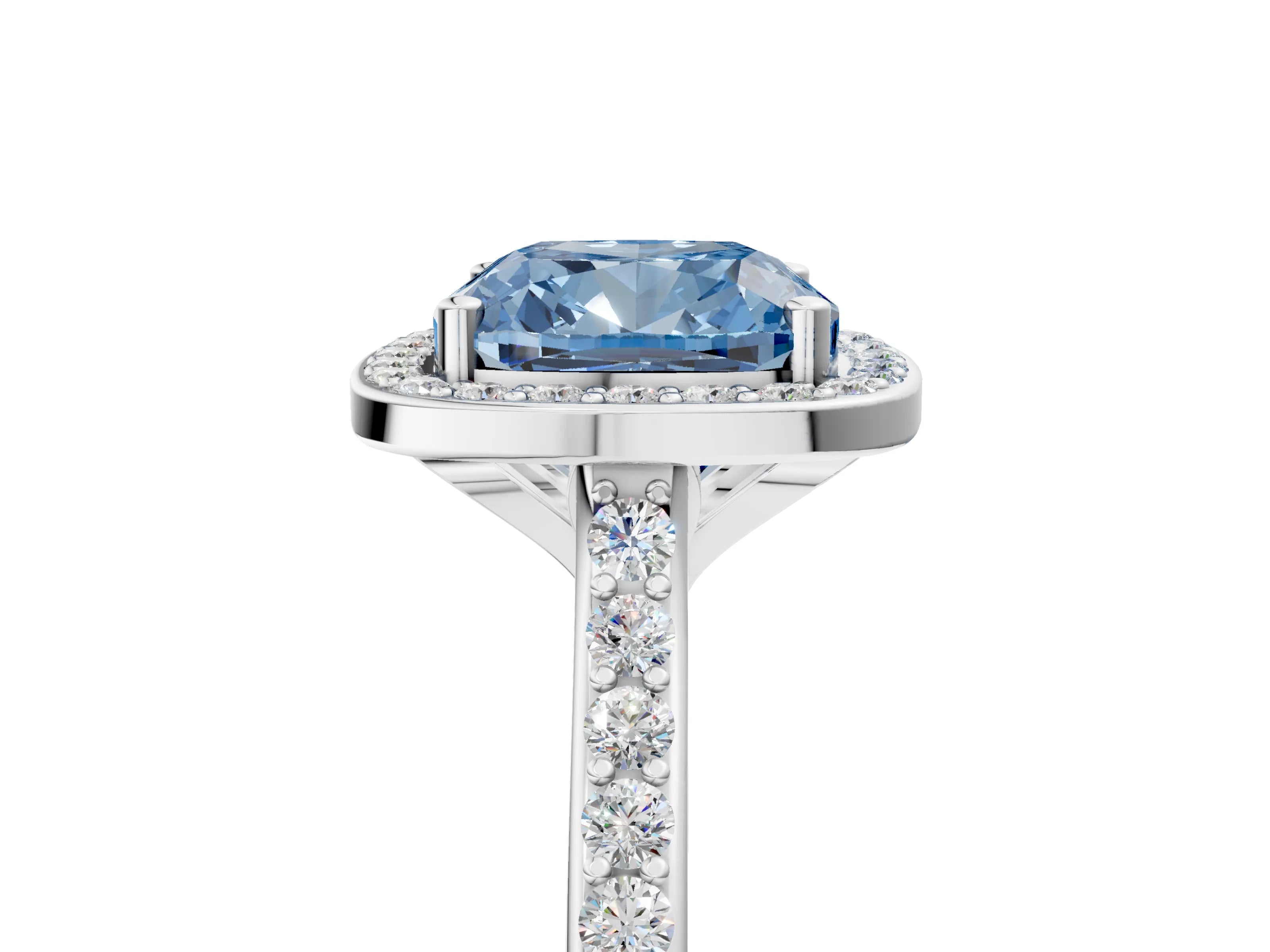 White gold Fancy Blue Cushion Cut Halo Round Diamond Pavé Band with Four-Prong Setting_31