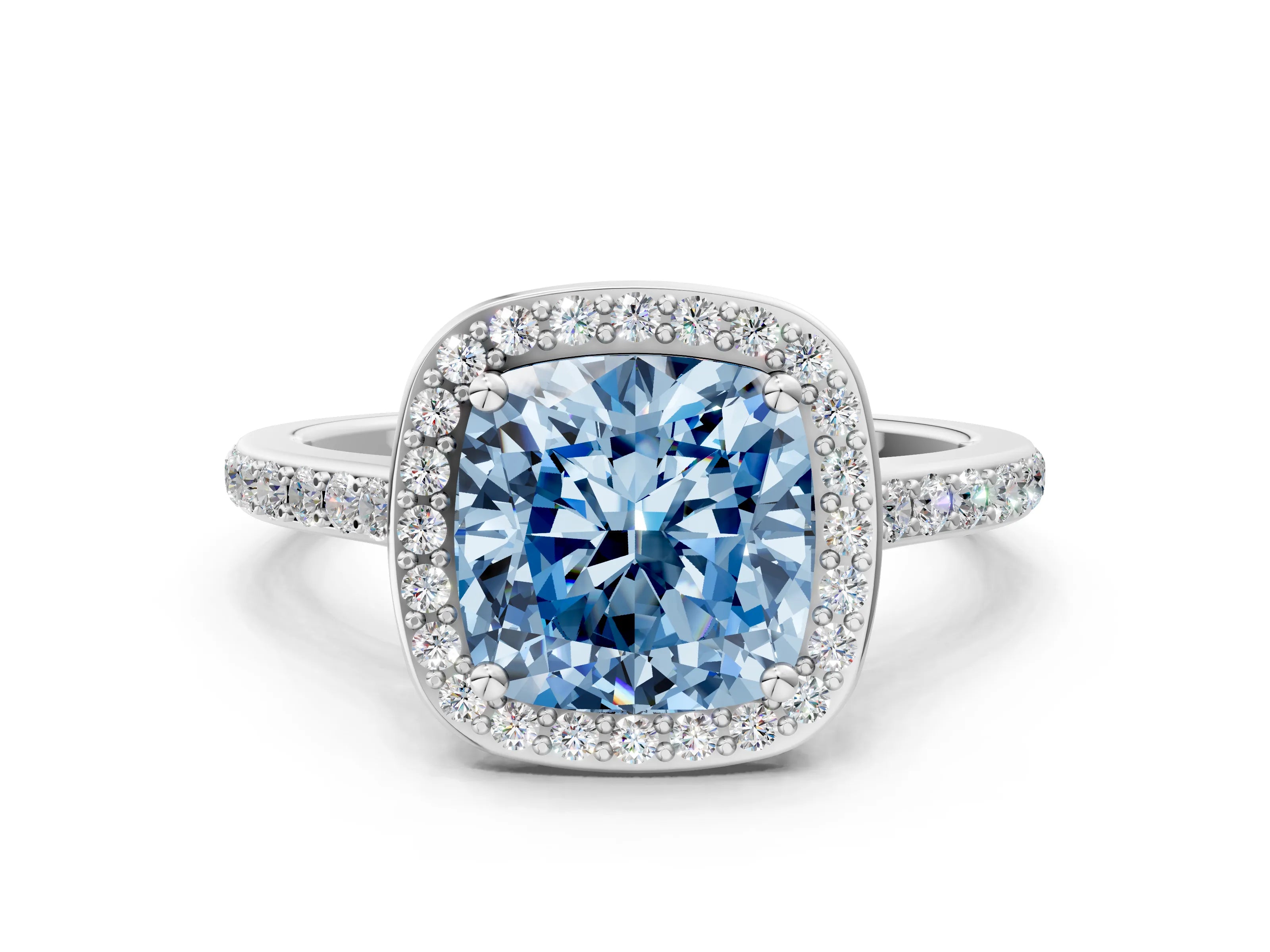 White gold Fancy Blue Cushion Cut Halo Round Diamond Pavé Band with Four-Prong Setting_38
