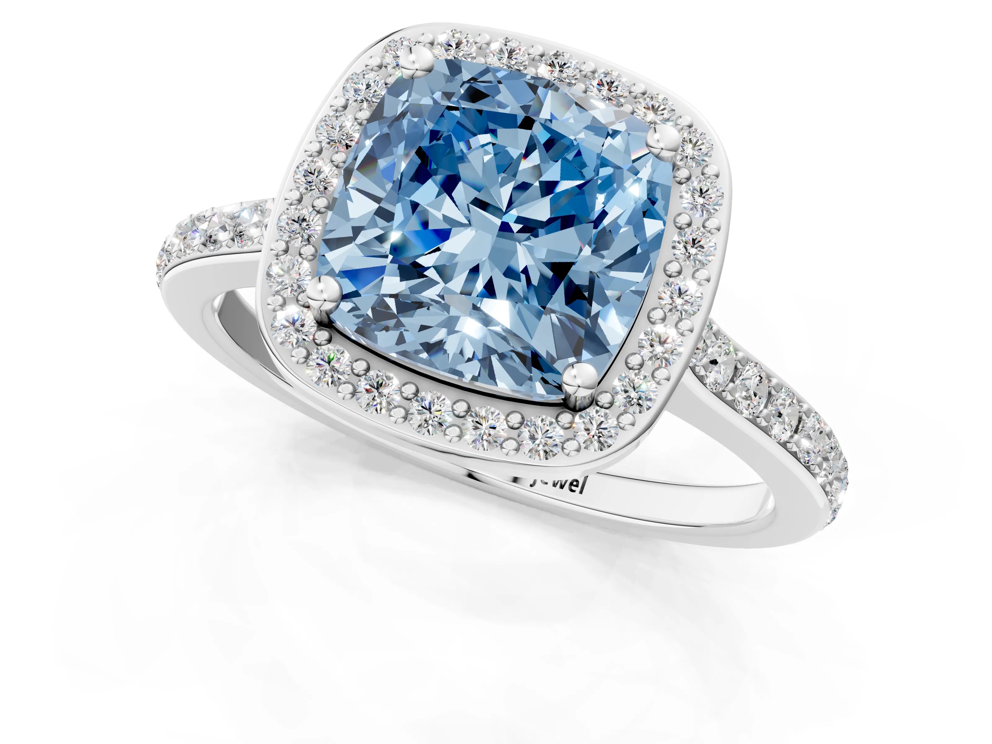 White gold Fancy Blue Cushion Cut Halo Round Diamond Pavé Band with Four-Prong Setting_40