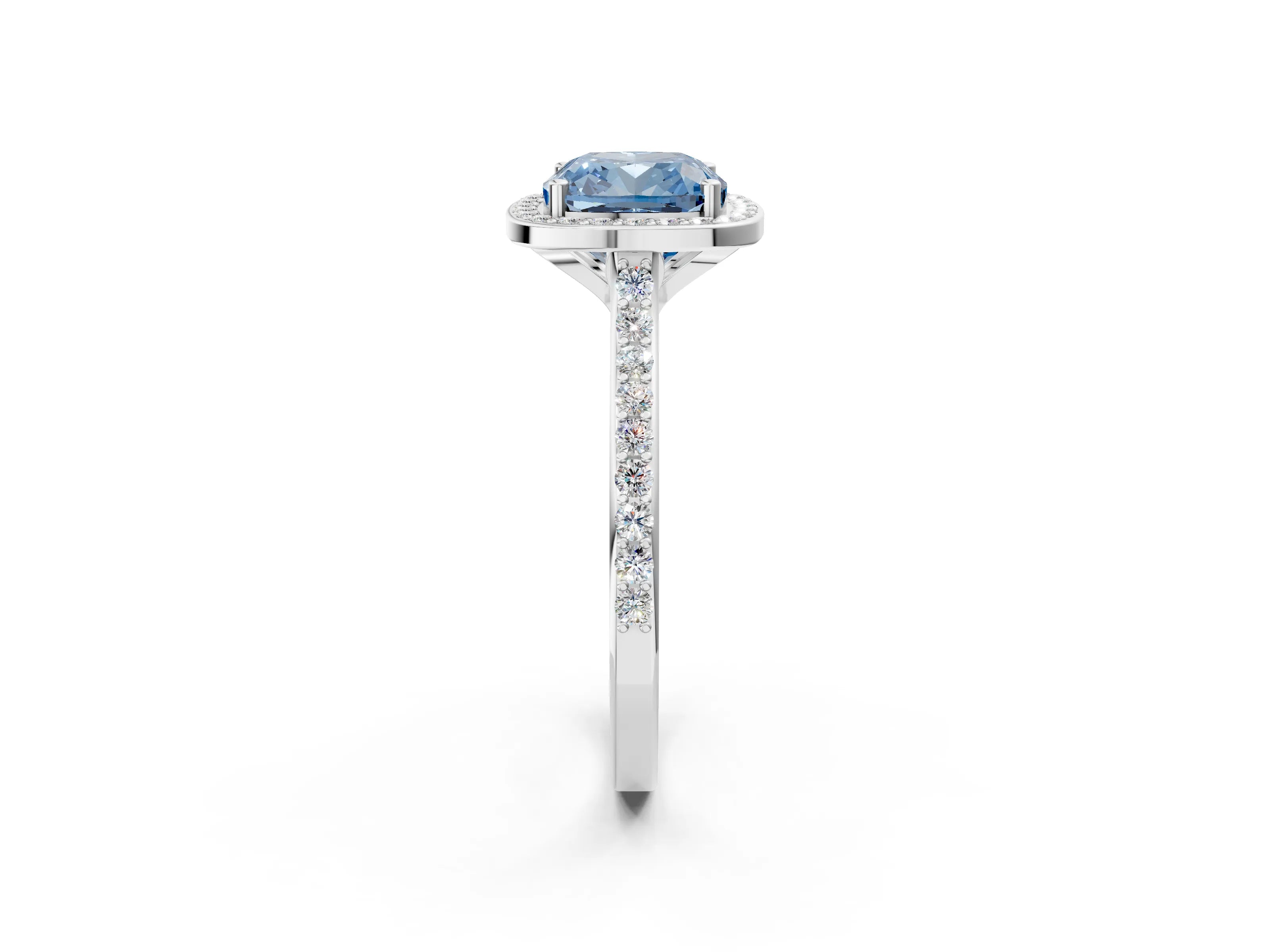 White gold Fancy Blue Cushion Cut Halo Round Diamond Pavé Band with Four-Prong Setting_40