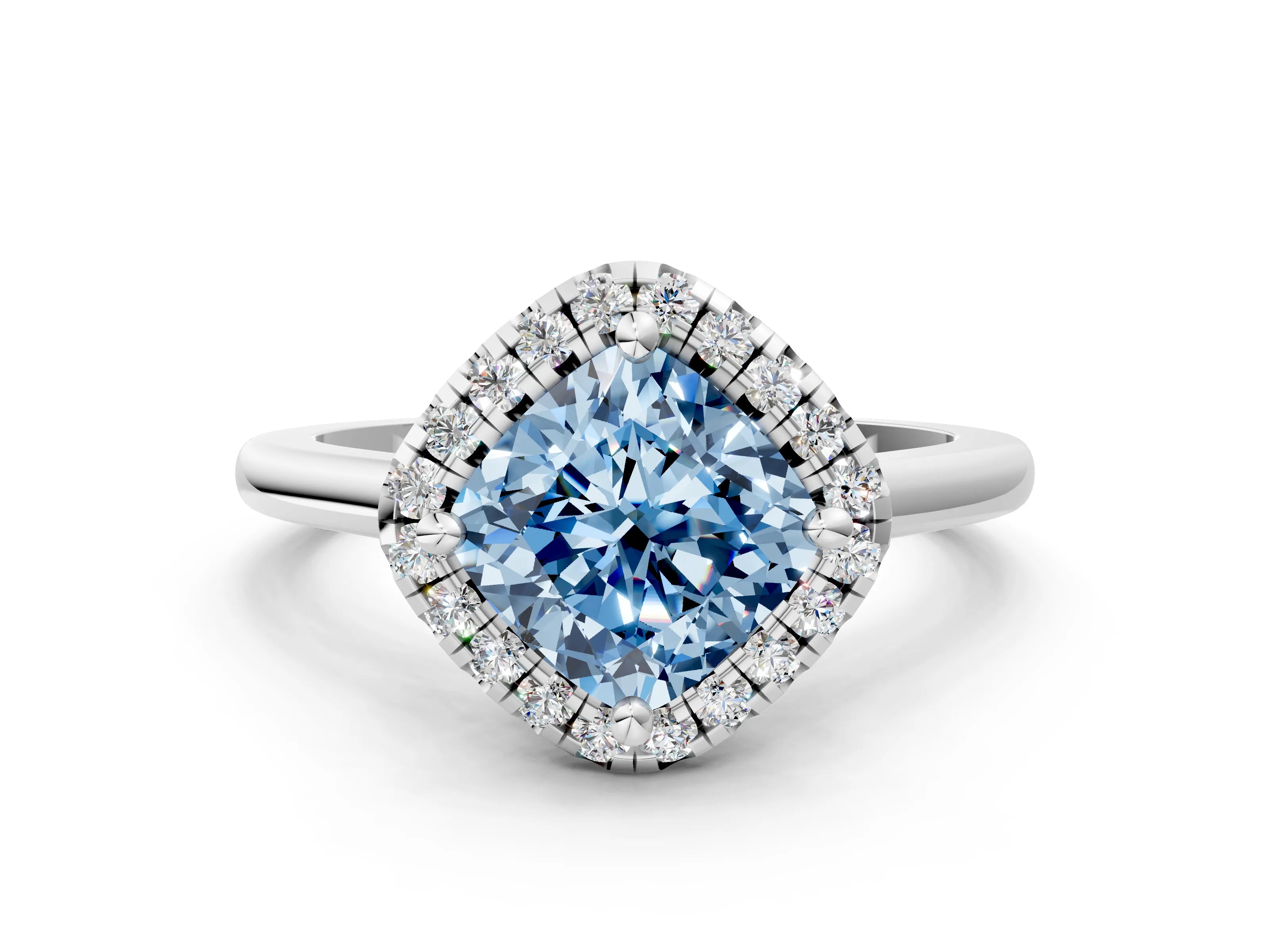 White gold Fancy Blue Cushion Cut Halo Round Diamond Solitaire Engagement Ring with Pave Band and Four-Prong Setting_24