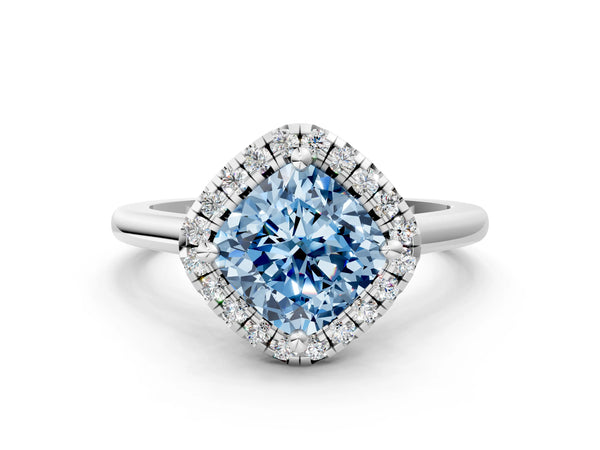 Platinum Fancy Blue Cushion Cut Halo Round Diamond Solitaire Engagement Ring with Pave Band and Four-Prong Setting