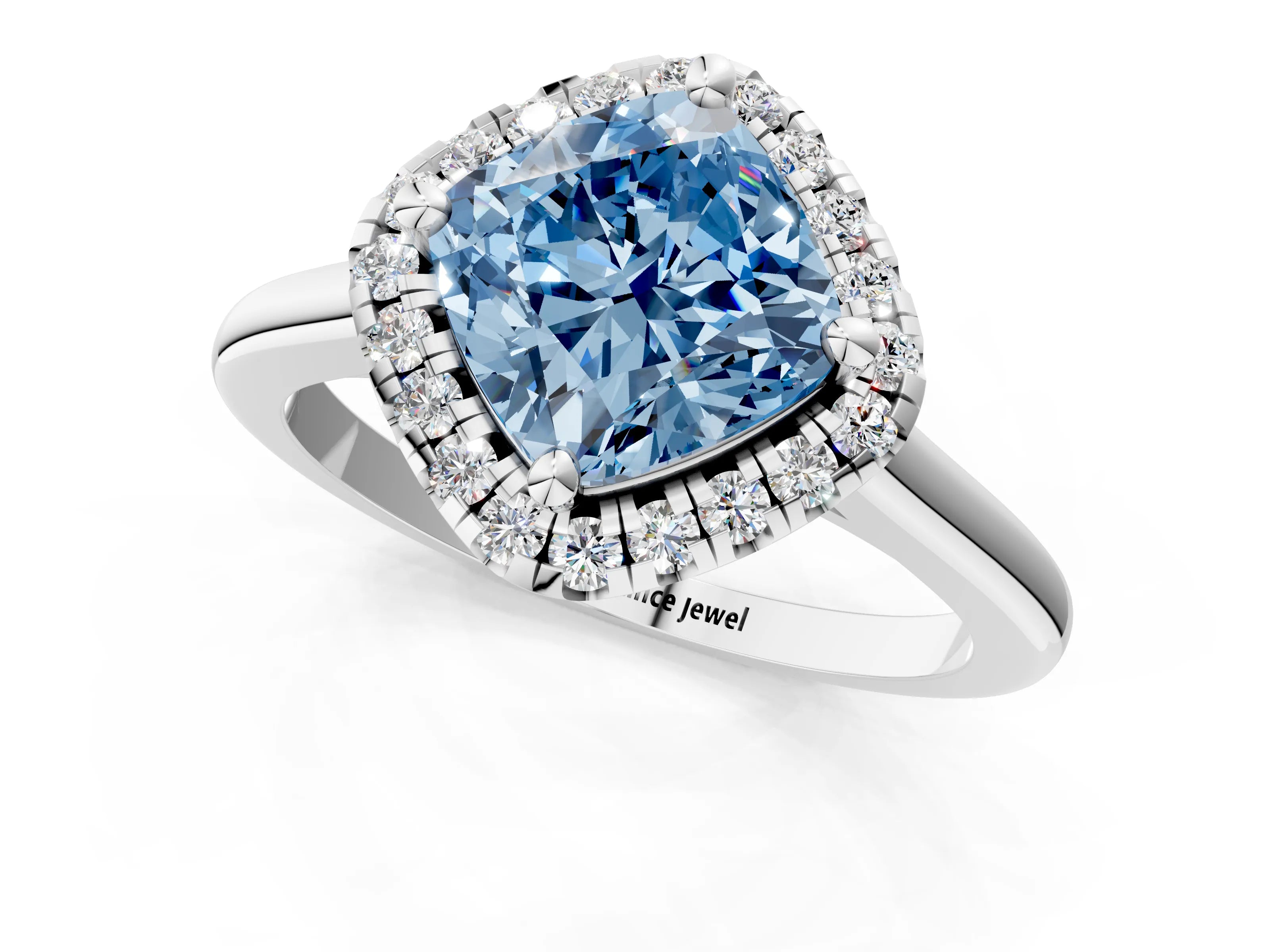 White gold Fancy Blue Cushion Cut Halo Round Diamond Solitaire Engagement Ring with Pave Band and Four-Prong Setting_25